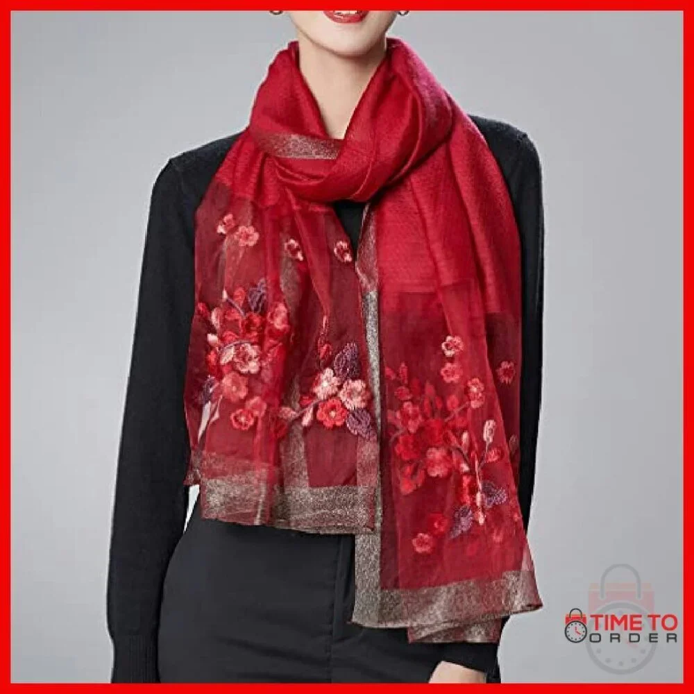 Large Silk Blend Scarf Shawl Wrap 75x28 Inches Lightweight Embroidered